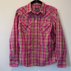 Roper Western Plaid Snap Button Down Top Long a sleeve Pink Chest Pockets M